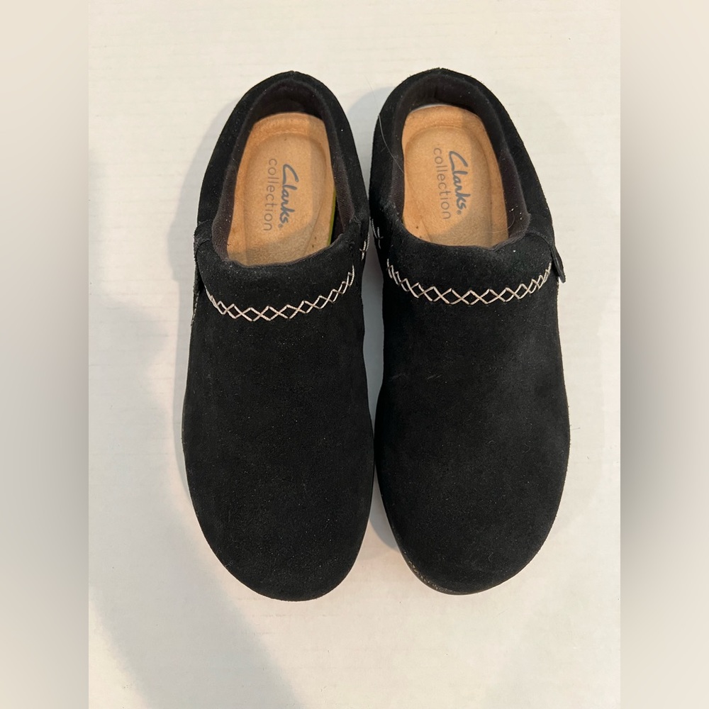 Clarks Roseville Echo Clogs Mules Slides Sz 8.5 Black Suede Comfort Shoes